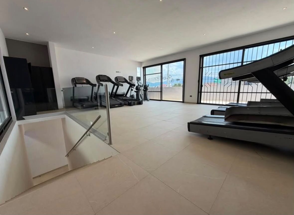 Zona de cardio con caminadoras y ventanales