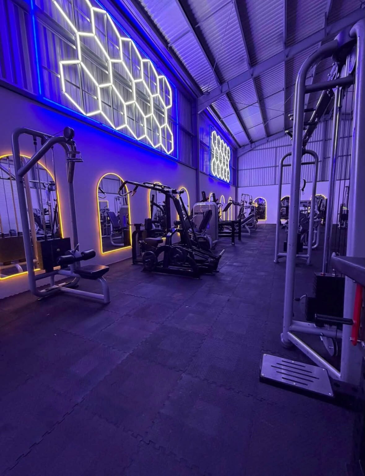 Interior de Blue Gym con equipo de entrenamiento e iluminación azul